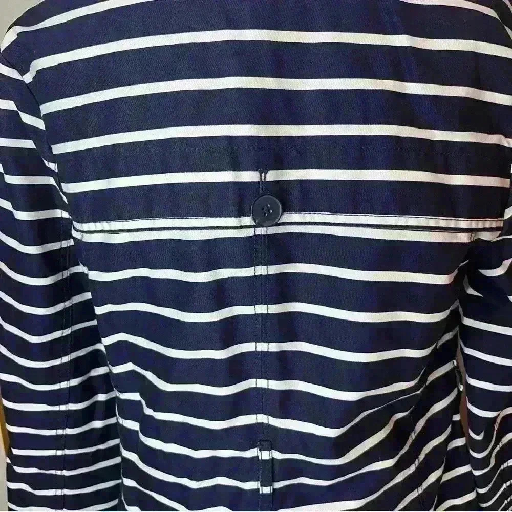 Gap Long Jacket Button Up Coat Women Medium Blue White Stripe Cotton Preppy - Picture 3 of 11